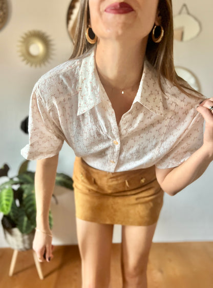 1970's vintage vintage cream texture shirt with pink floral print