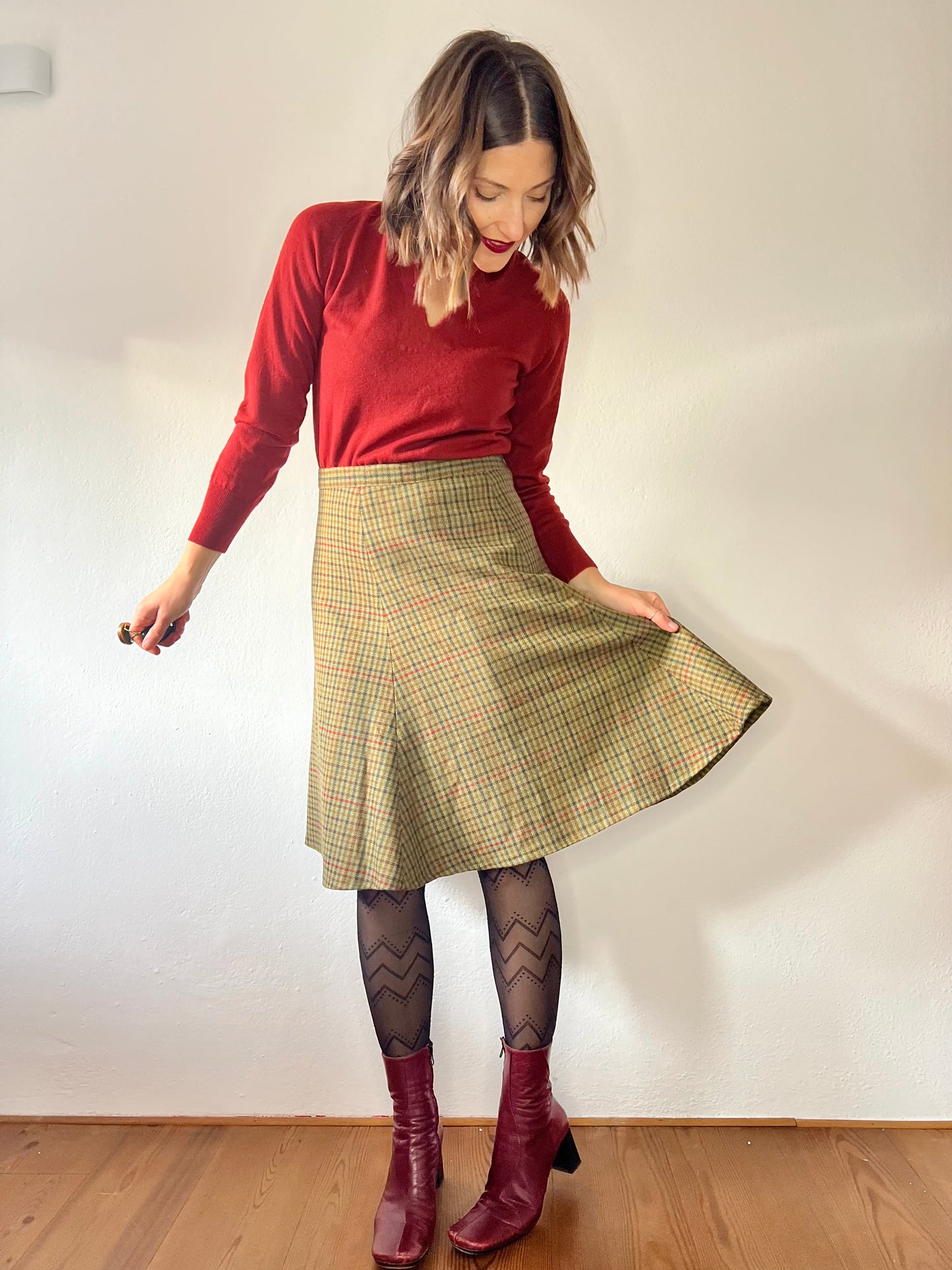 1990's vintage olive green and burgundy plaid wool midi skirt