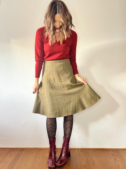 1970's vintage navy and olive green plaid wool skirt