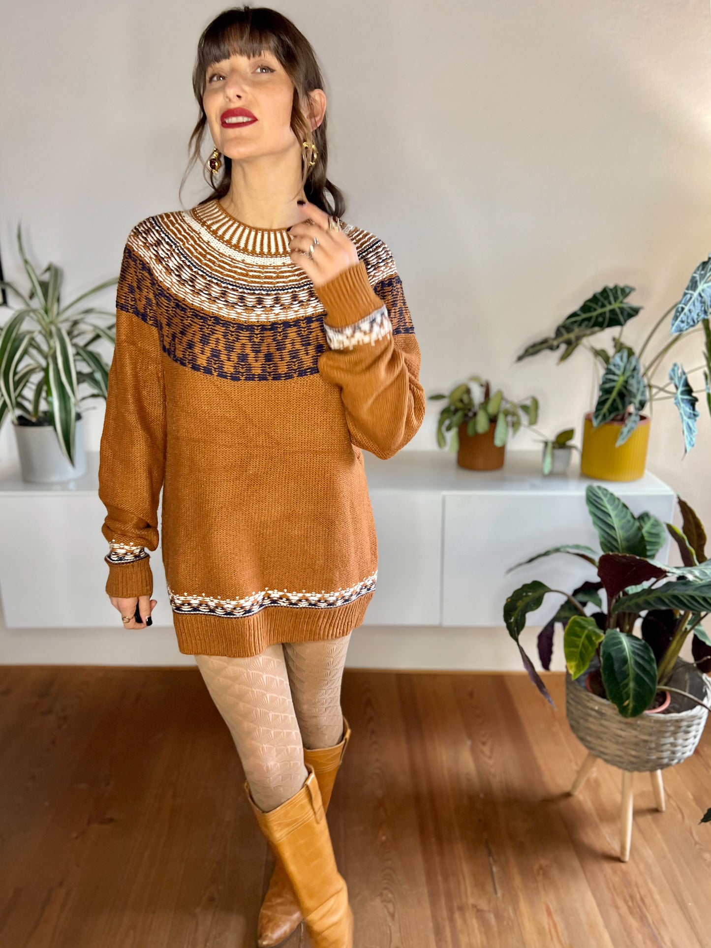 1990's vintage burnt orange sweater dress with cream and navy detailing