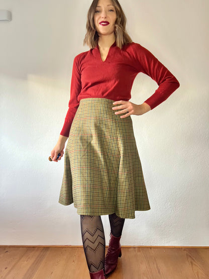 1990's vintage olive green and burgundy plaid wool midi skirt