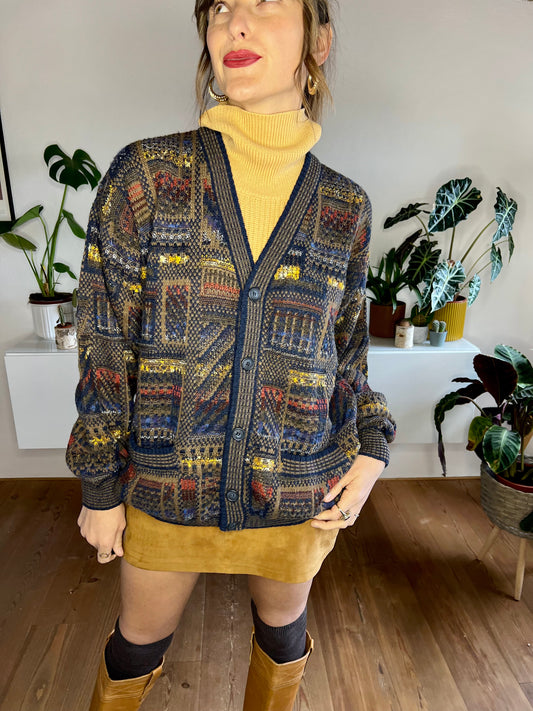 1980's vintage multicolor oversize cosby style wool cardigan
