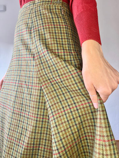 1990's vintage olive green and burgundy plaid wool midi skirt