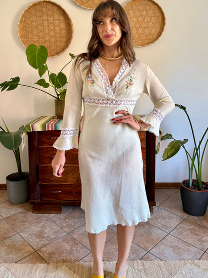 1970s vintage semi sheer textured butter yellow belle sleeve midi dress with floral embroidery