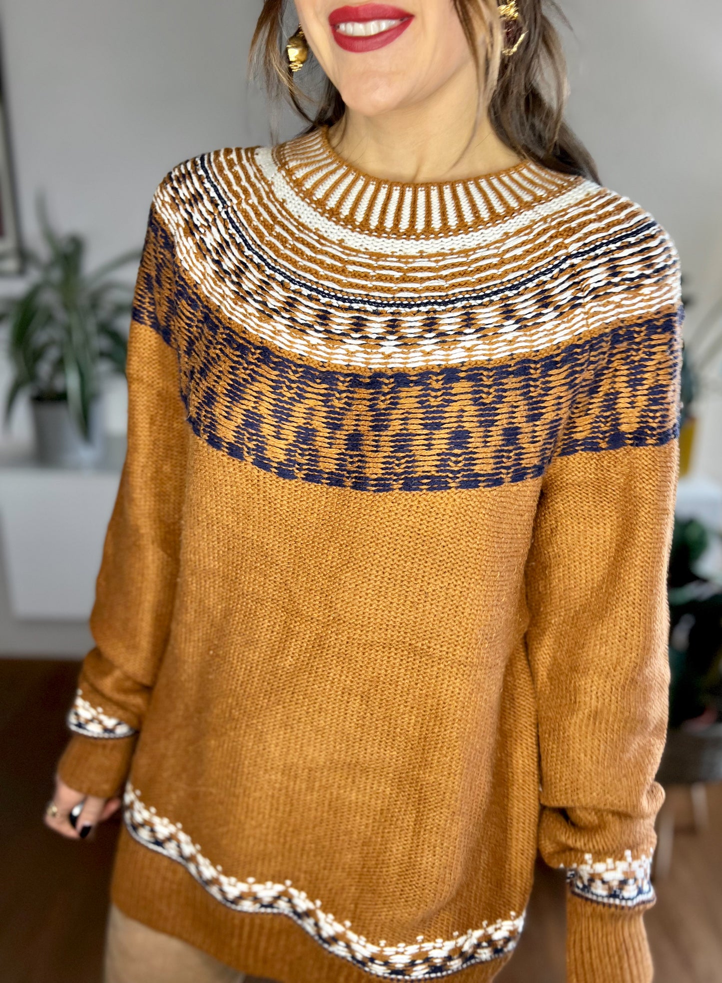 1990's vintage burnt orange sweater dress with cream and navy detailing