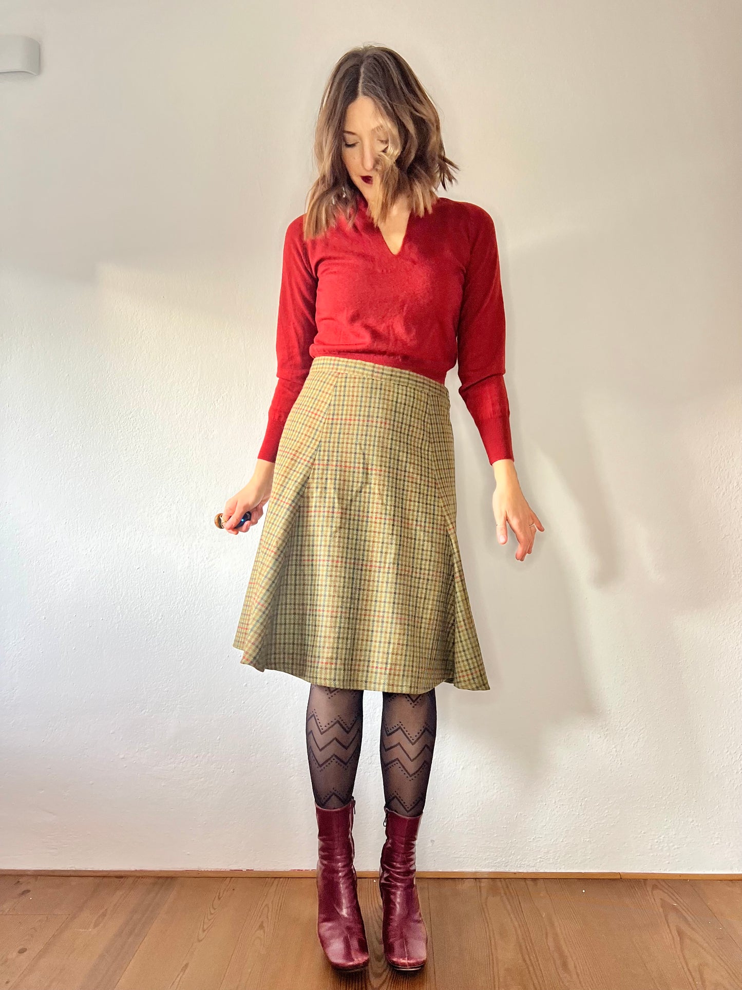 1970's vintage navy and olive green plaid wool skirt