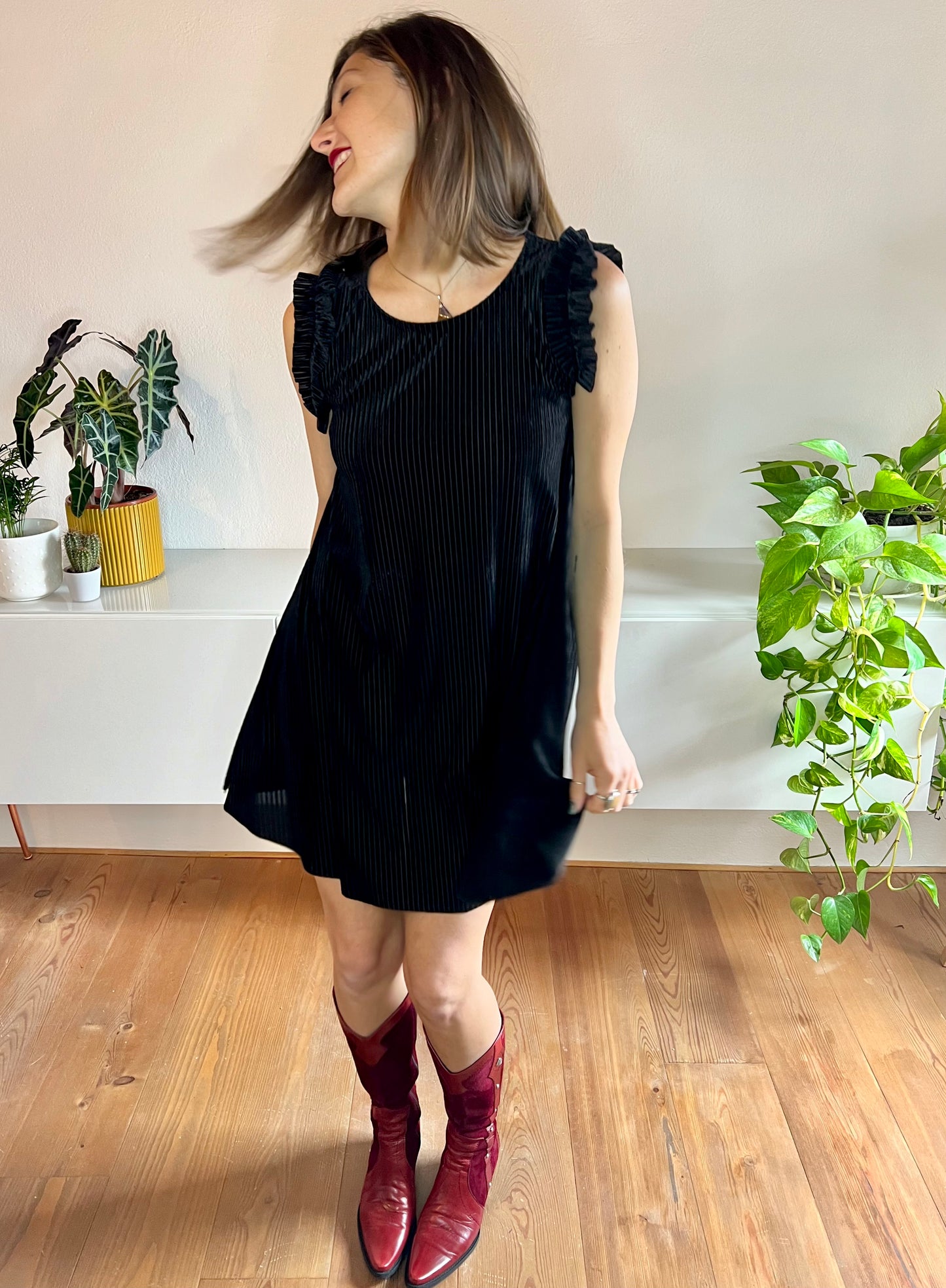 1970's vintage semi sheer stripe black velvet mini dress with ruffle cap sleeves