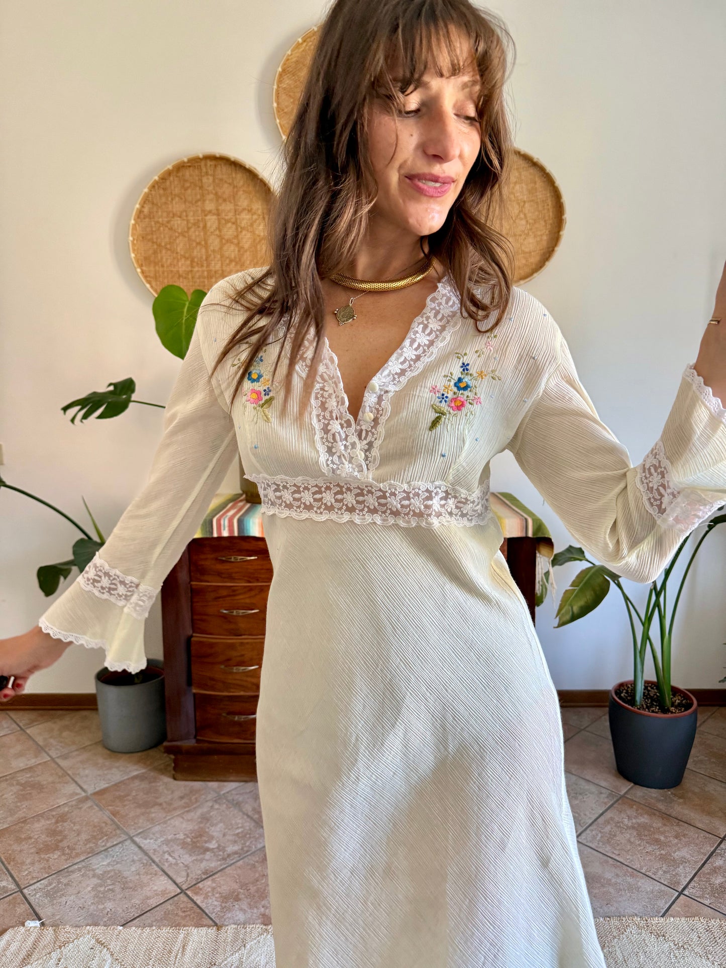 1970s vintage semi sheer textured butter yellow belle sleeve midi dress with floral embroidery