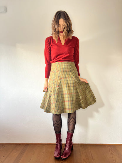 1990's vintage olive green and burgundy plaid wool midi skirt