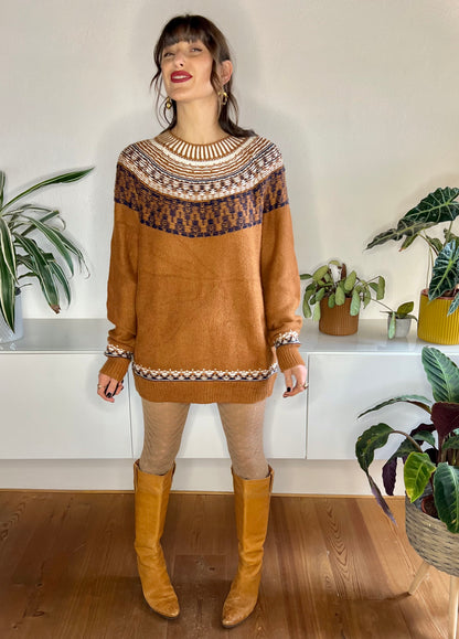 1990's vintage burnt orange sweater dress with cream and navy detailing