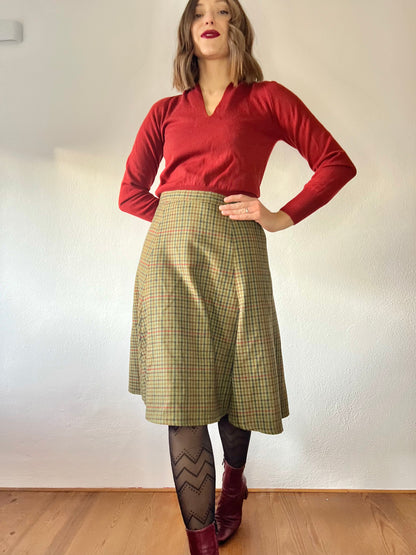 1970's vintage navy and olive green plaid wool skirt