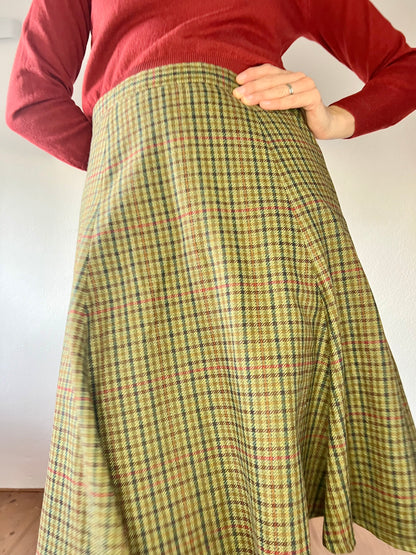 1970's vintage navy and olive green plaid wool skirt