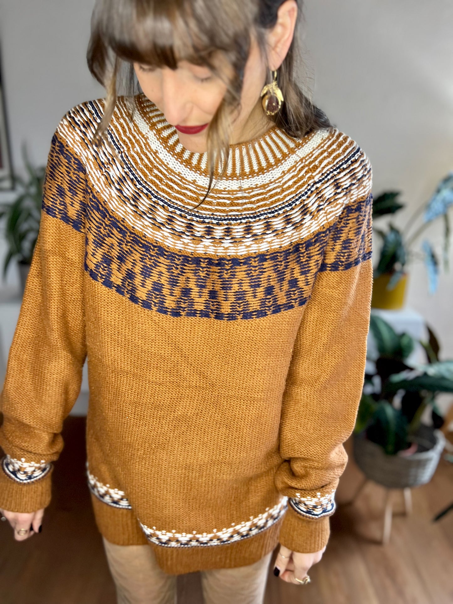 1990's vintage burnt orange sweater dress with cream and navy detailing