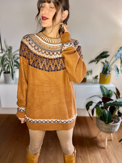 1990's vintage burnt orange sweater dress with cream and navy detailing