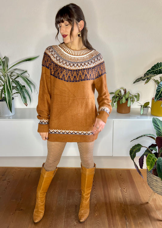 1990's vintage burnt orange sweater dress with cream and navy detailing