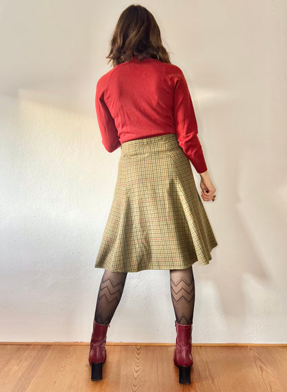 1970's vintage navy and olive green plaid wool skirt