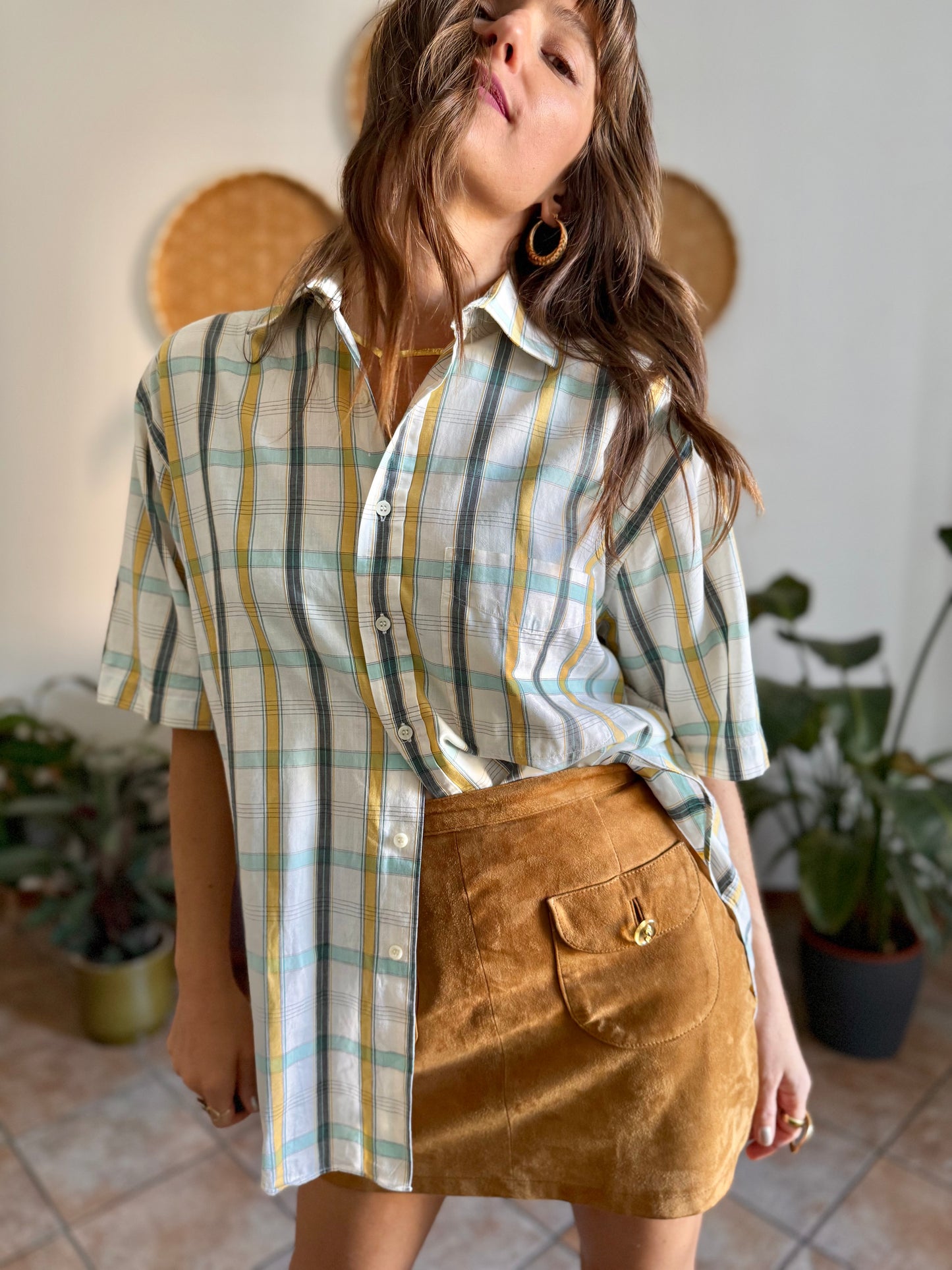 1970's vintage oversize cream, yellow and turquoise plaid shirt