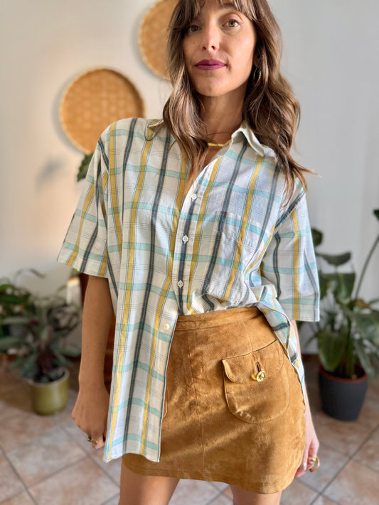 1970's vintage oversize cream, yellow and turquoise plaid shirt