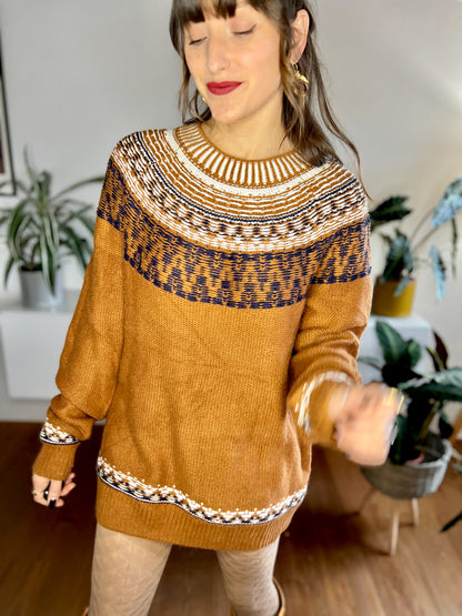 1990's vintage burnt orange sweater dress with cream and navy detailing