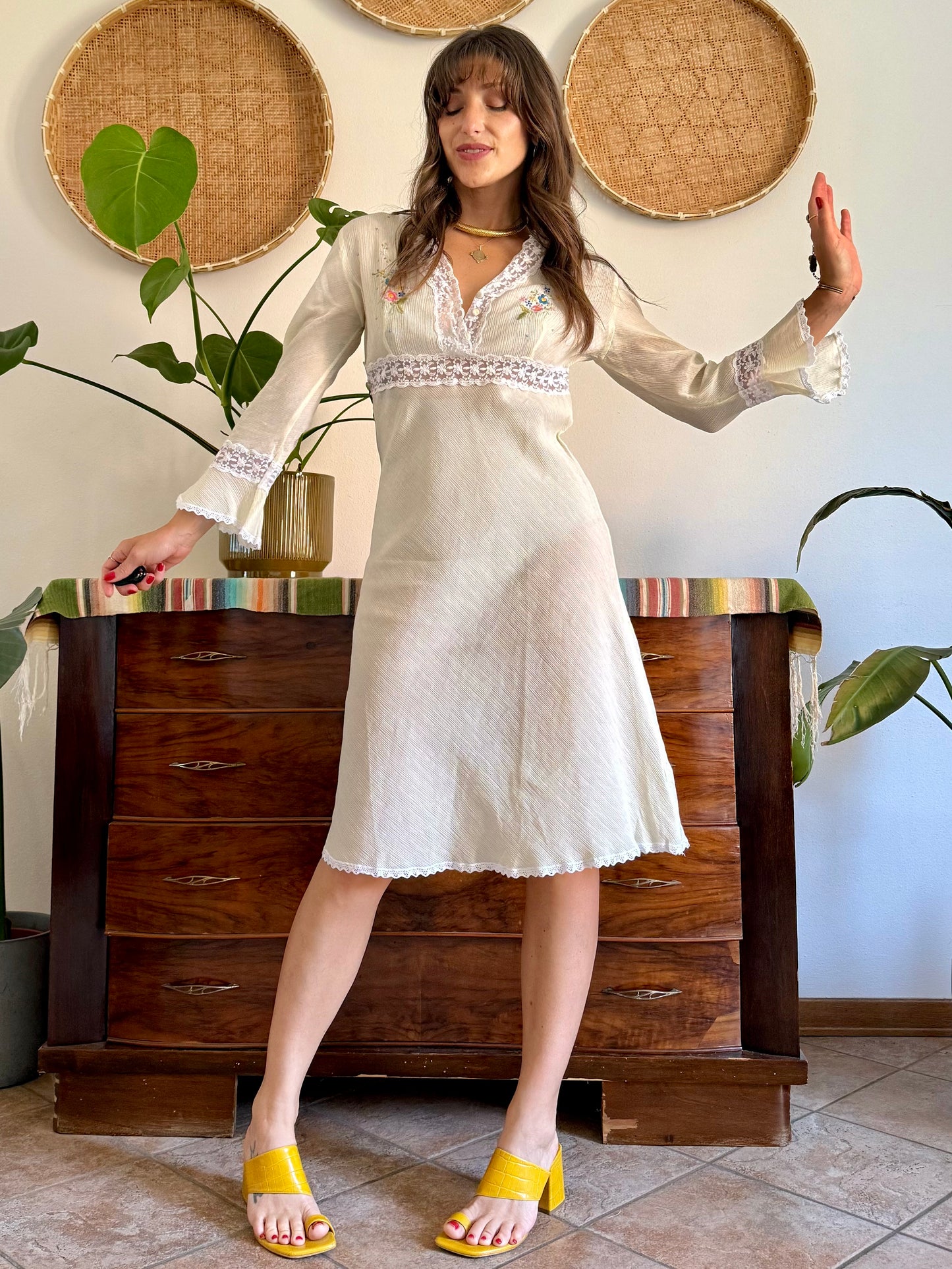 1970s vintage semi sheer textured butter yellow belle sleeve midi dress with floral embroidery
