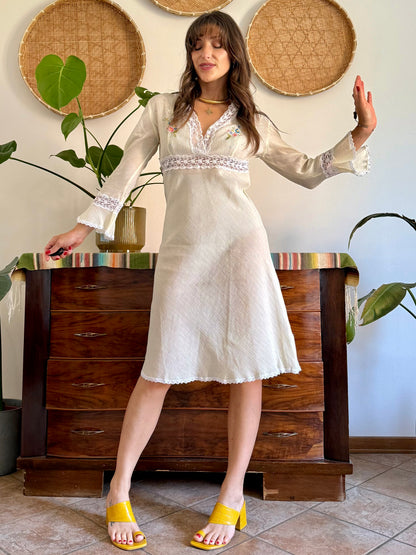 1970s vintage semi sheer textured butter yellow belle sleeve midi dress with floral embroidery