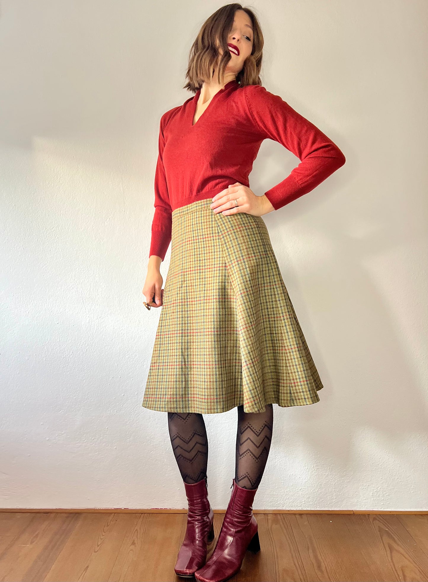 1990's vintage olive green and burgundy plaid wool midi skirt