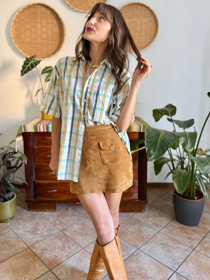 1970's vintage oversize cream, yellow and turquoise plaid shirt