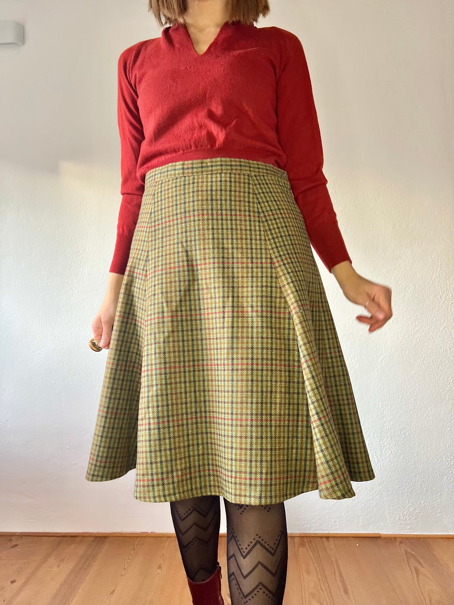 1990's vintage olive green and burgundy plaid wool midi skirt