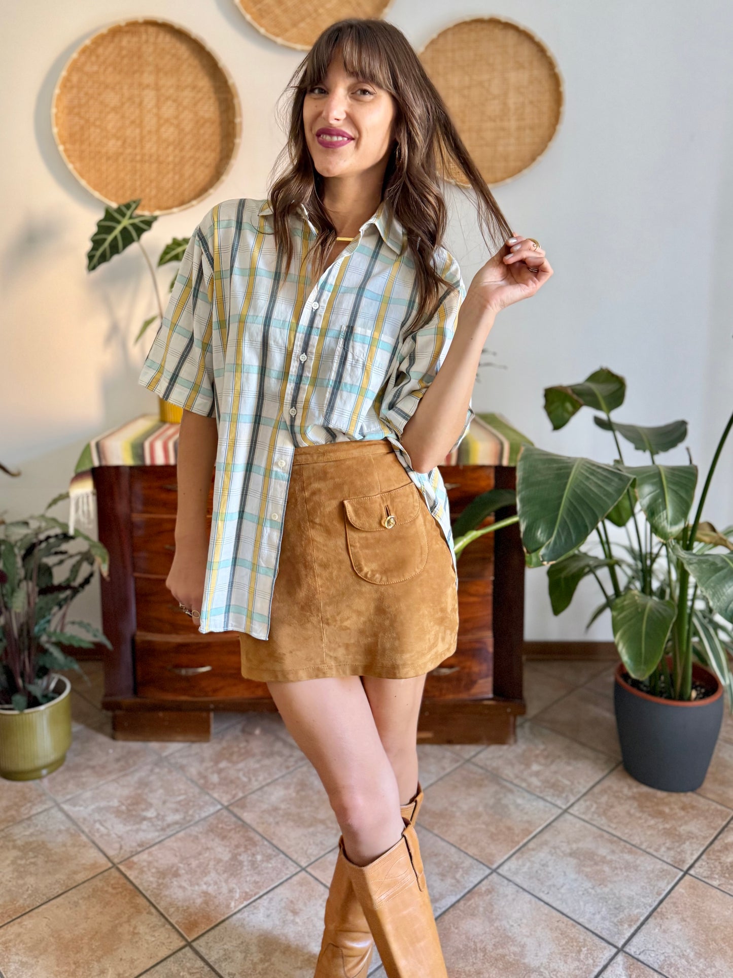 1970's vintage oversize cream, yellow and turquoise plaid shirt