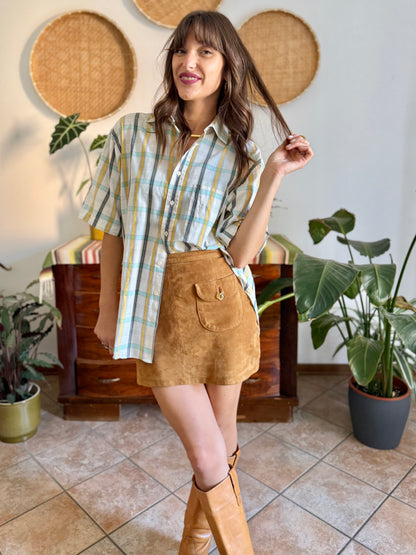 1970's vintage oversize cream, yellow and turquoise plaid shirt