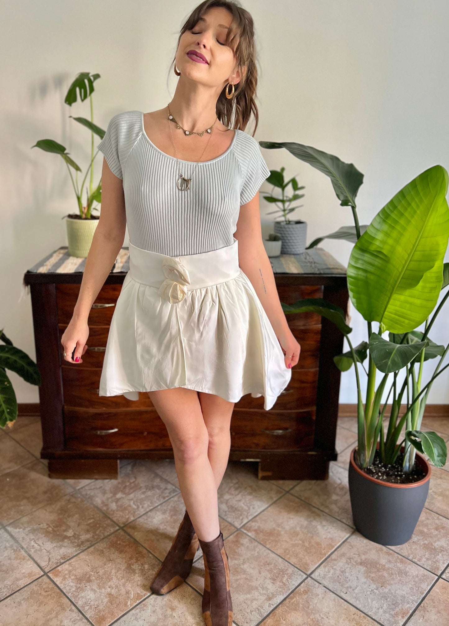 1980's vintage cream satin asymmetrical mini skirt with rosette details