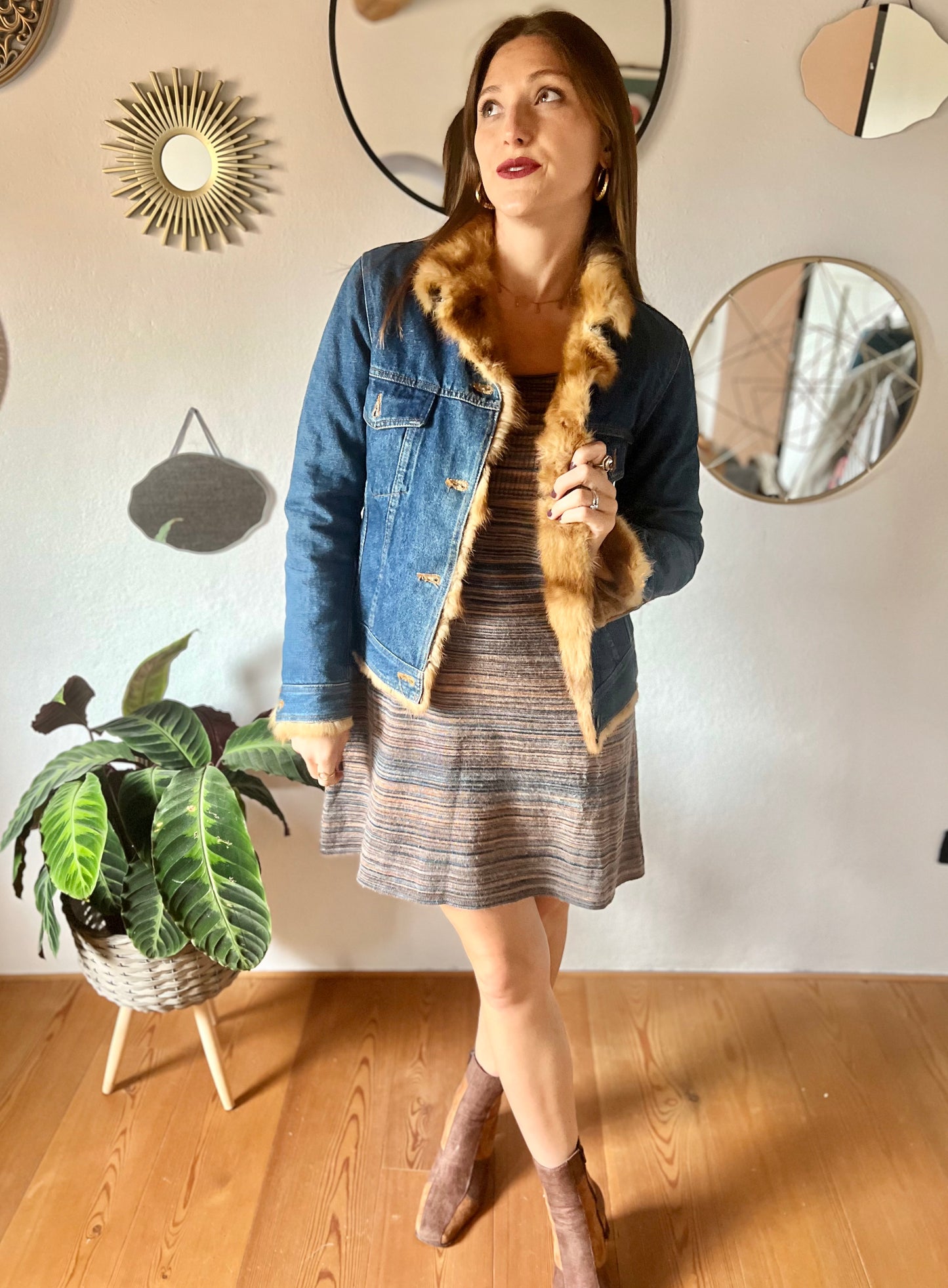 1970's vintage denim jacket with real fur collar and trimming.