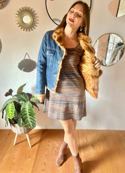 1970's vintage denim jacket with real fur collar and trimming.