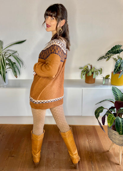 1990's vintage burnt orange sweater dress with cream and navy detailing