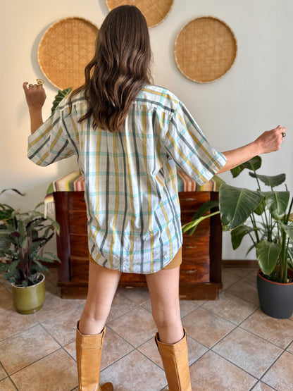 1970's vintage oversize cream, yellow and turquoise plaid shirt