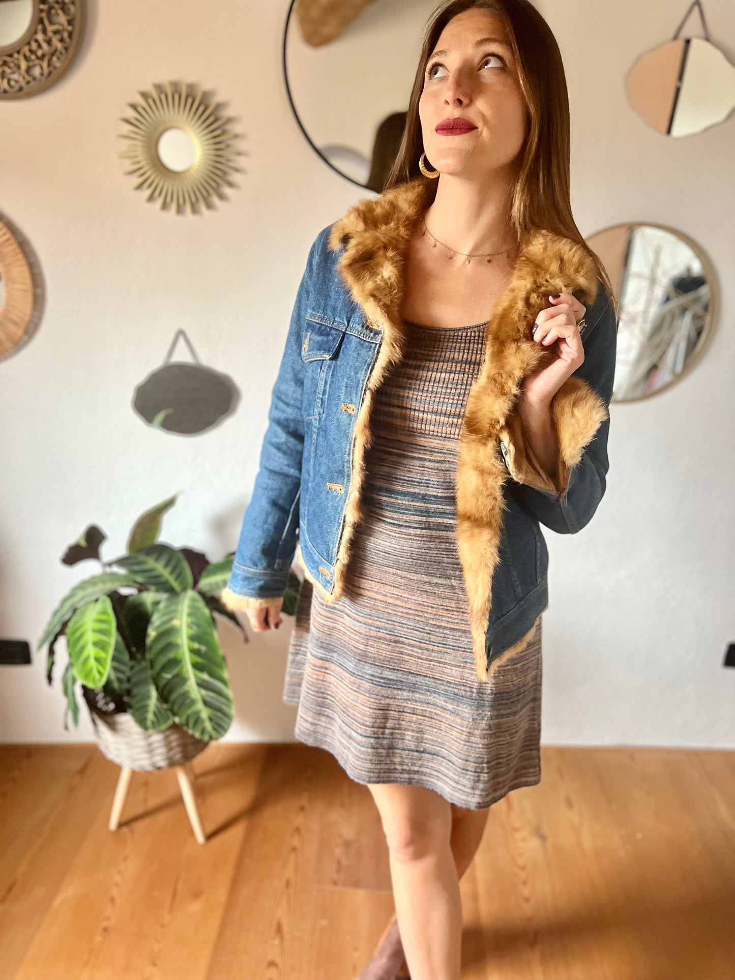 1970's vintage denim jacket with real fur collar and trimming.