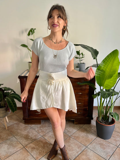 1980's vintage cream satin asymmetrical mini skirt with rosette details