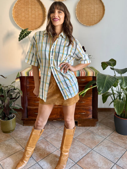 1970's vintage oversize cream, yellow and turquoise plaid shirt