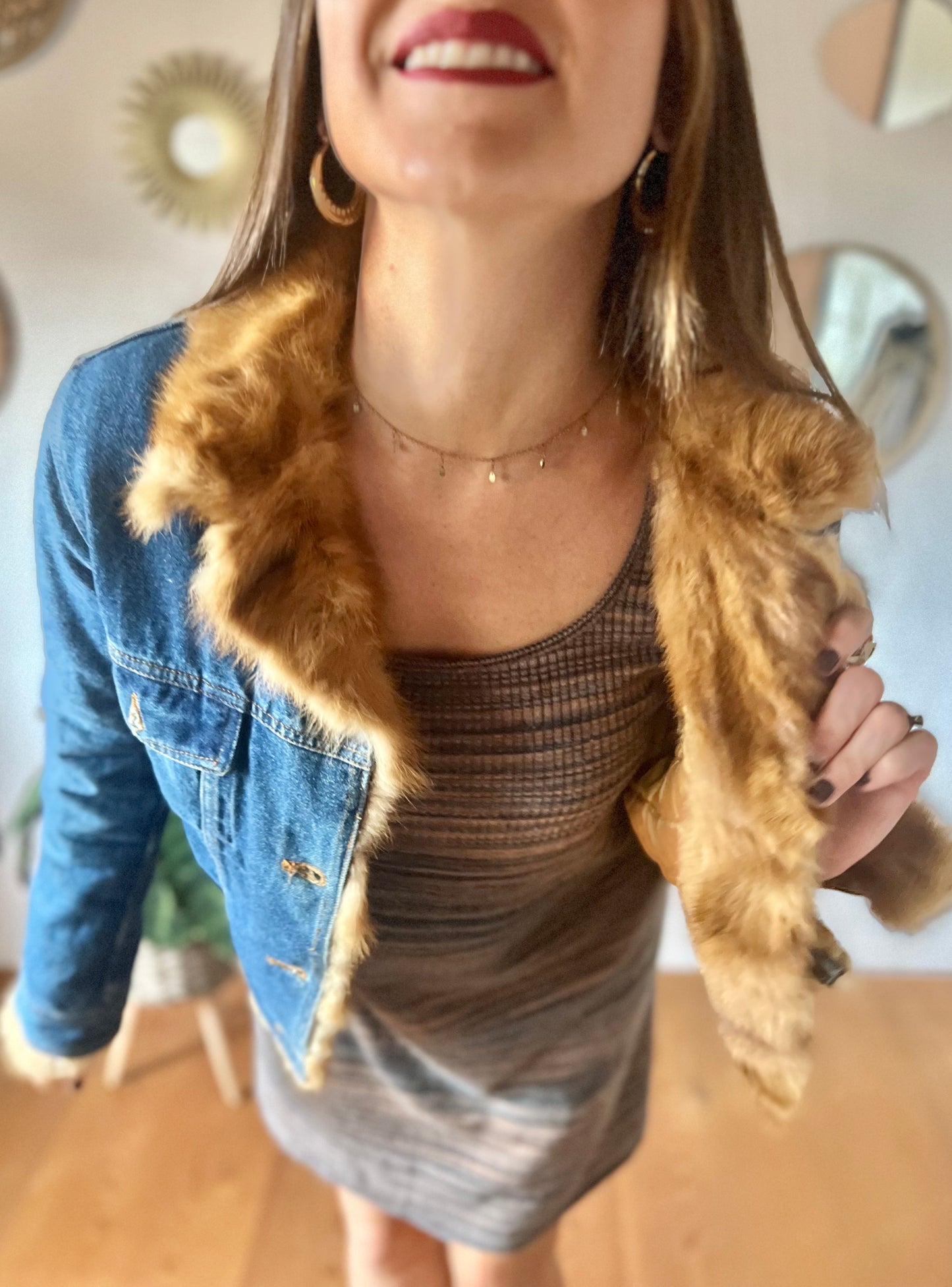 1970's vintage denim jacket with real fur collar and trimming.