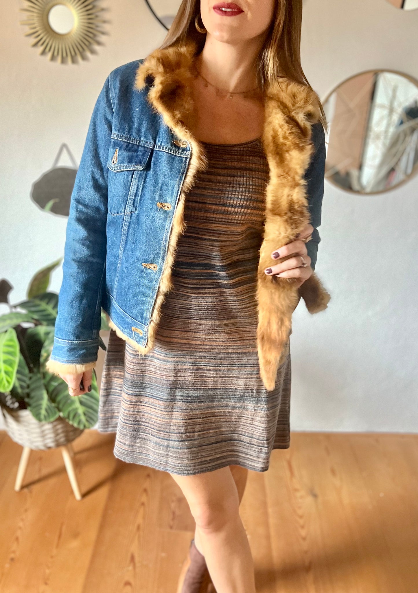 1970's vintage denim jacket with real fur collar and trimming.