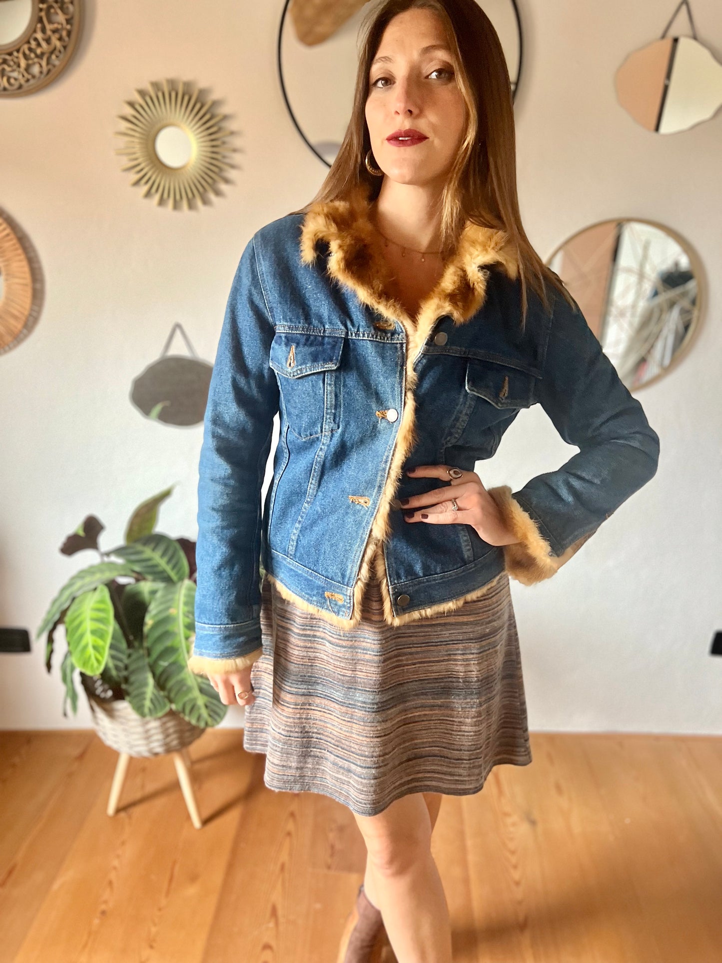 1970's vintage denim jacket with real fur collar and trimming.