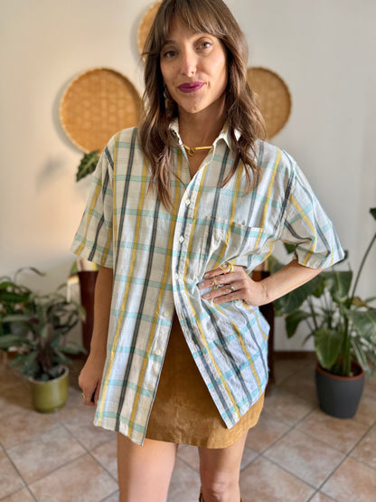 1970's vintage oversize cream, yellow and turquoise plaid shirt