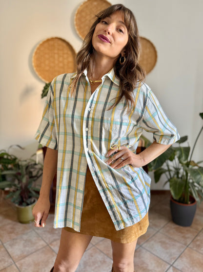 1970's vintage oversize cream, yellow and turquoise plaid shirt