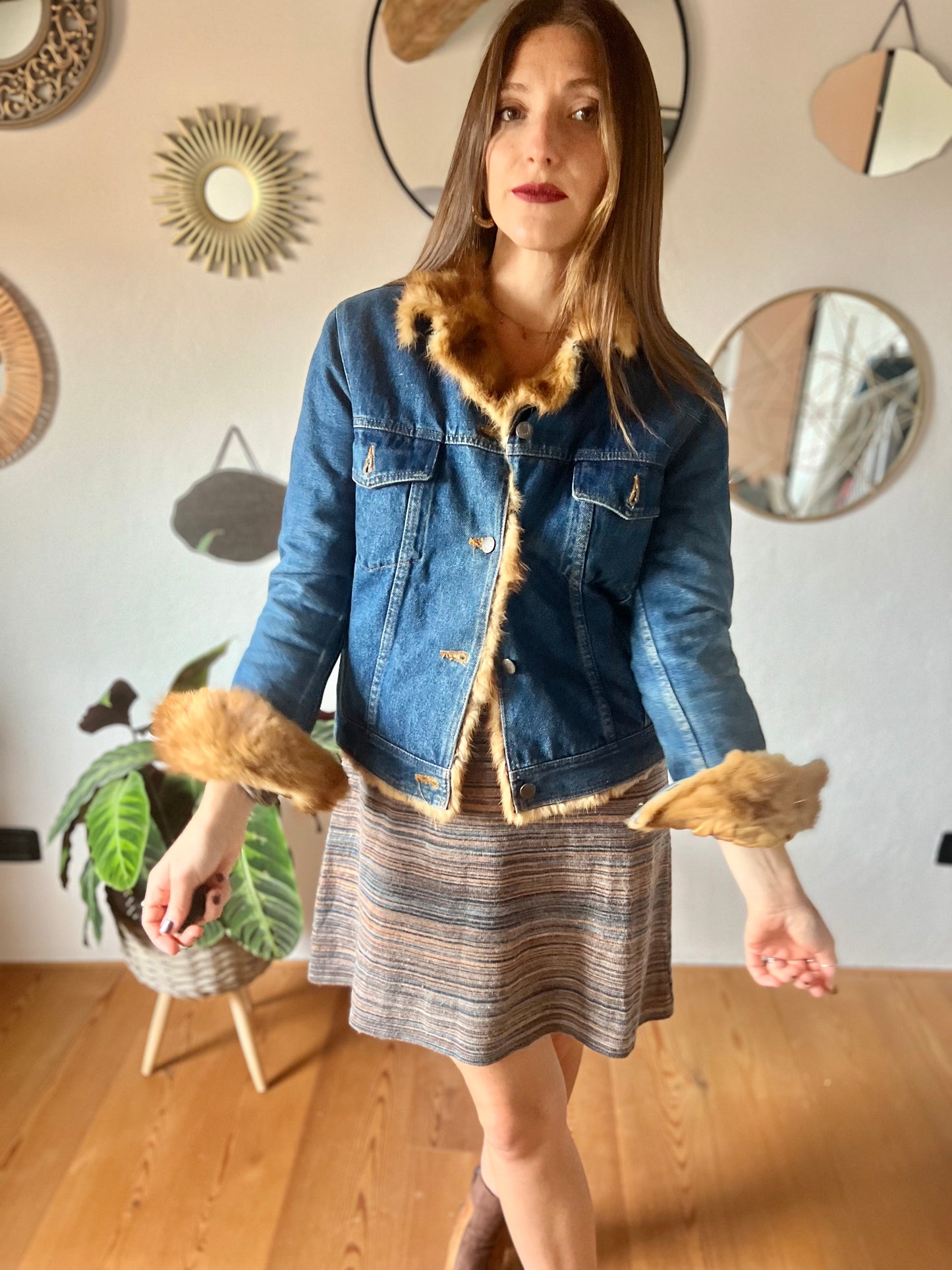 1970's vintage denim jacket with real fur collar and trimming.