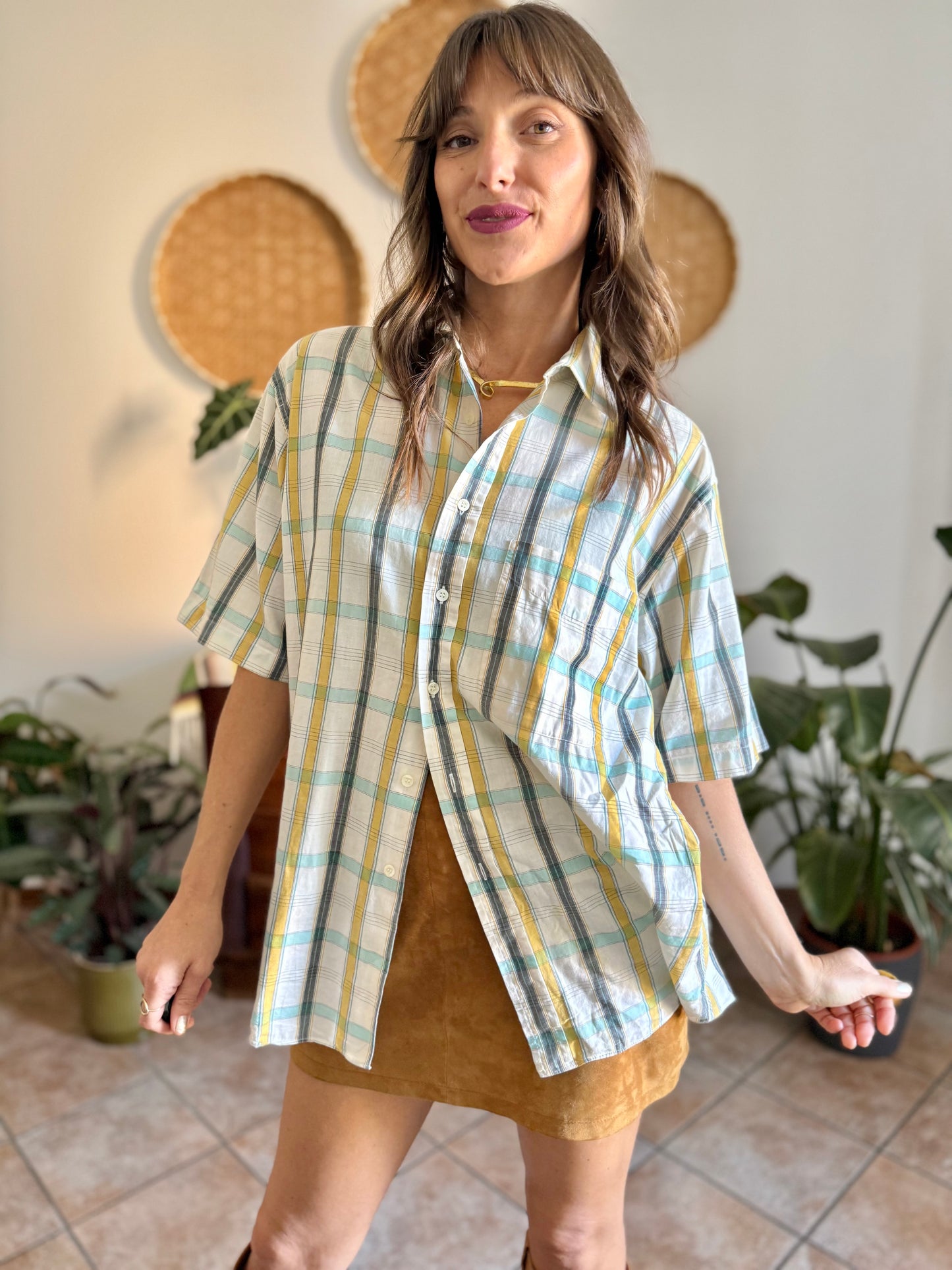 1970's vintage oversize cream, yellow and turquoise plaid shirt