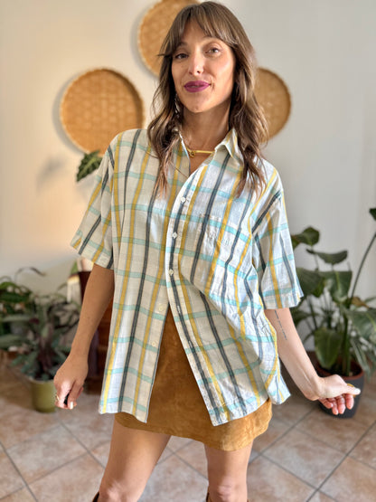 1970's vintage oversize cream, yellow and turquoise plaid shirt