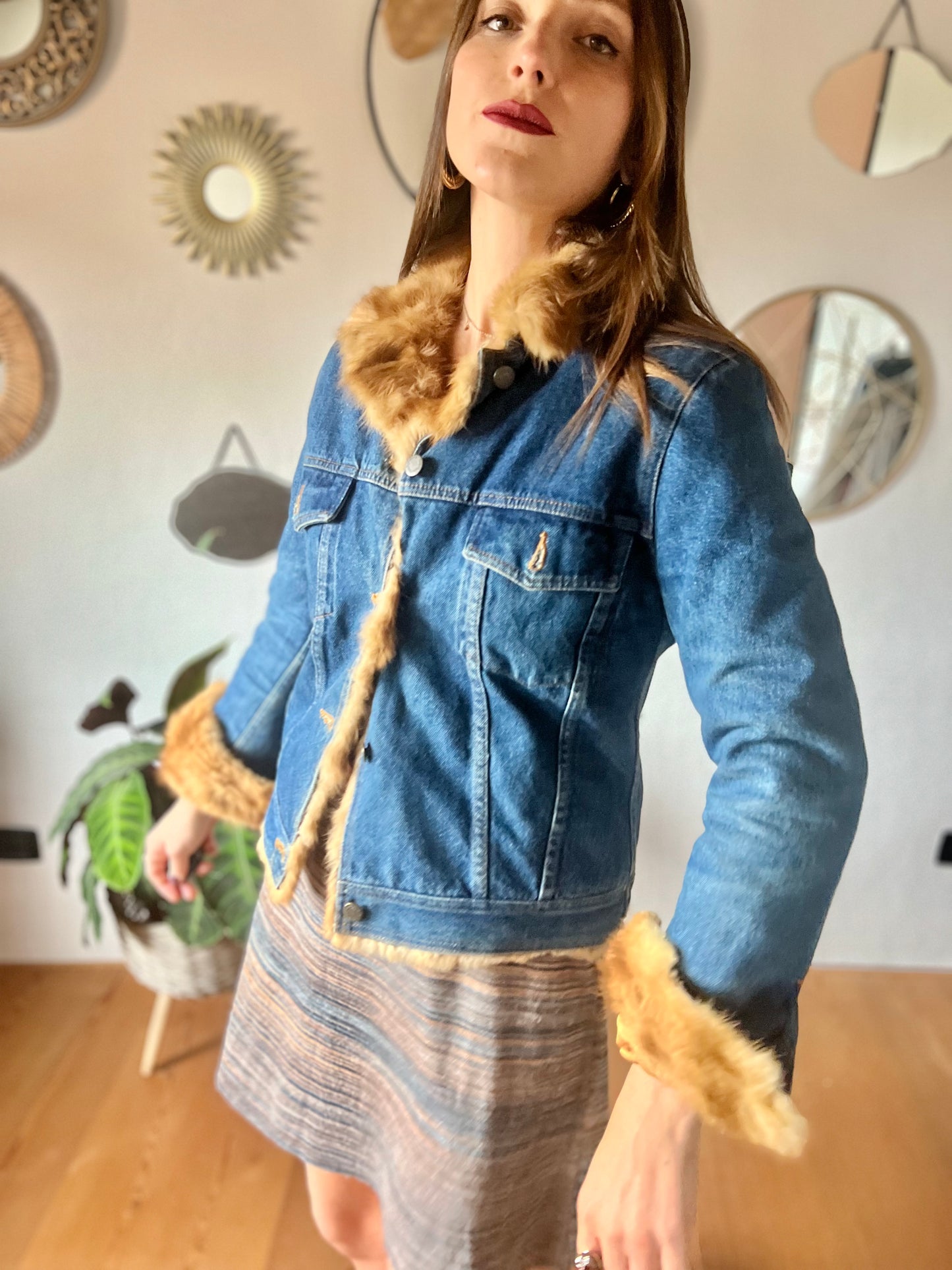 1970's vintage denim jacket with real fur collar and trimming.