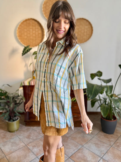 1970's vintage oversize cream, yellow and turquoise plaid shirt