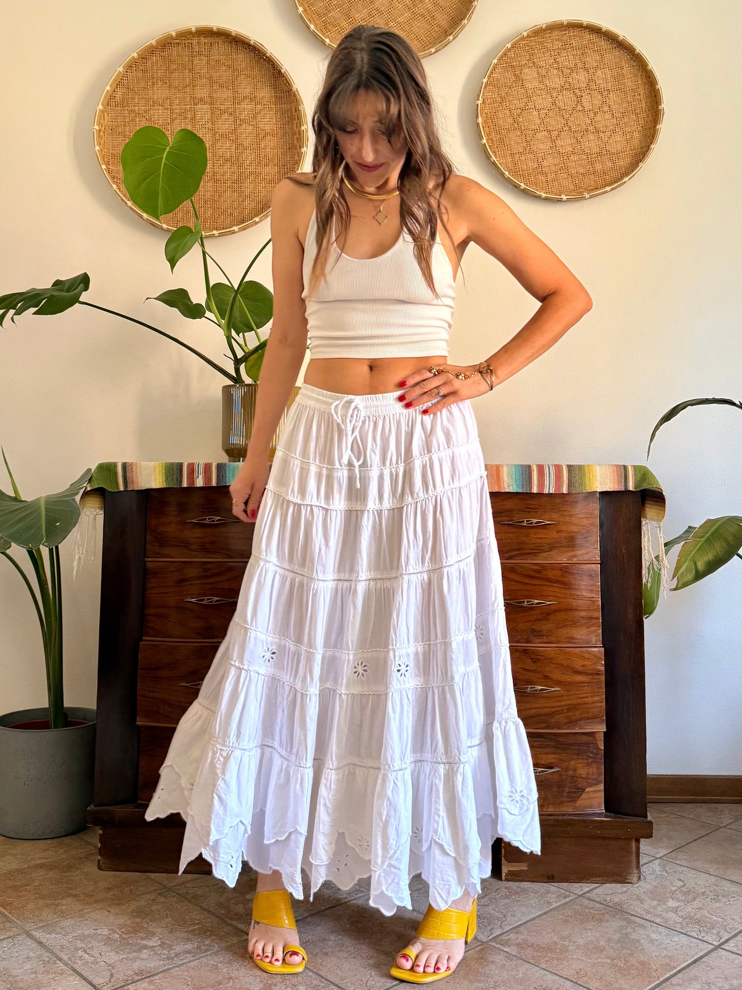 1970's vintage wite floral embroidered prairie maxi skirt