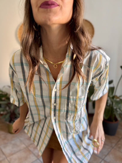 1970's vintage oversize cream, yellow and turquoise plaid shirt